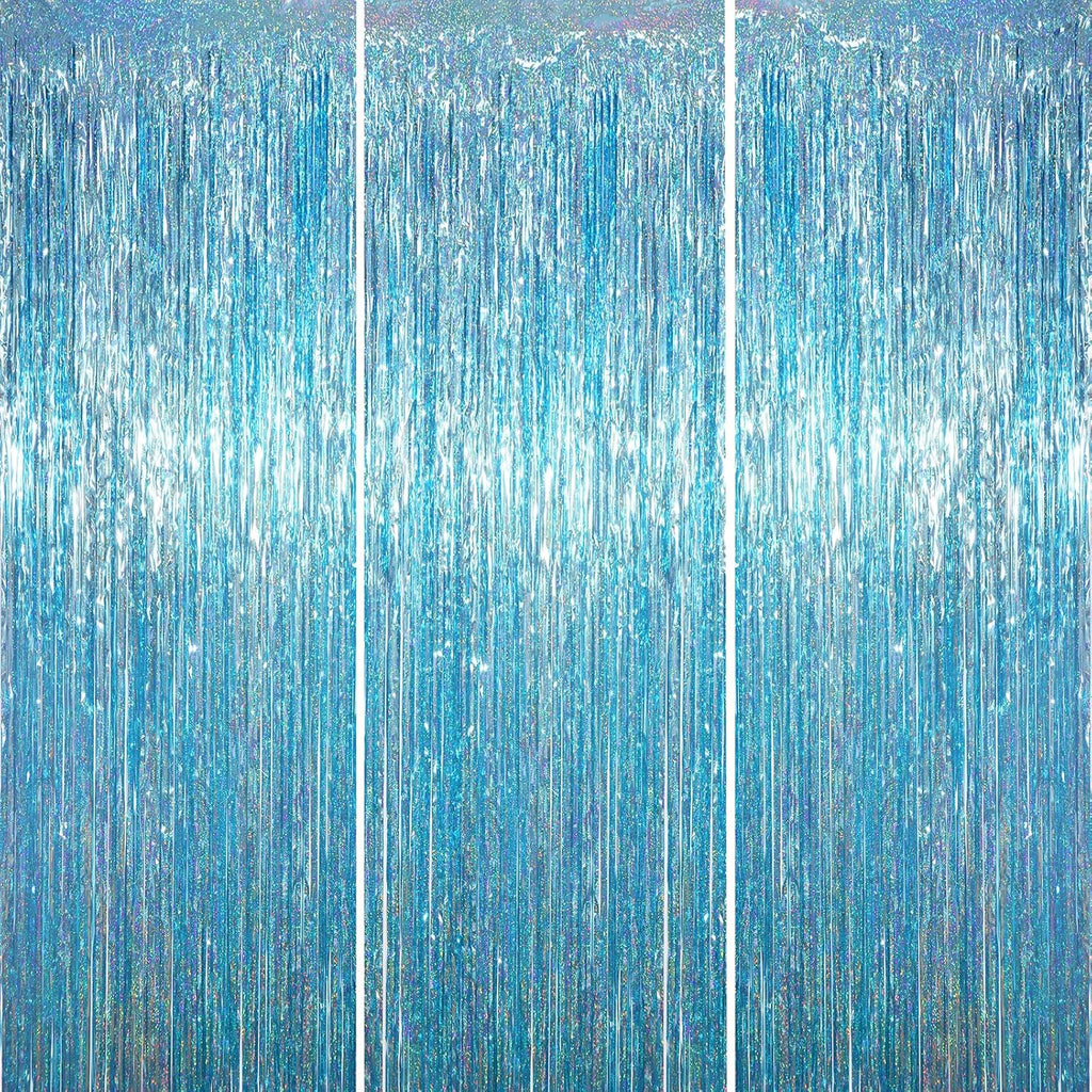 Voircoloria Foil Fringe Backdrop Curtains - 3.3 x 6.6 Ft Tinsel Streamers for Parties | Light Blue