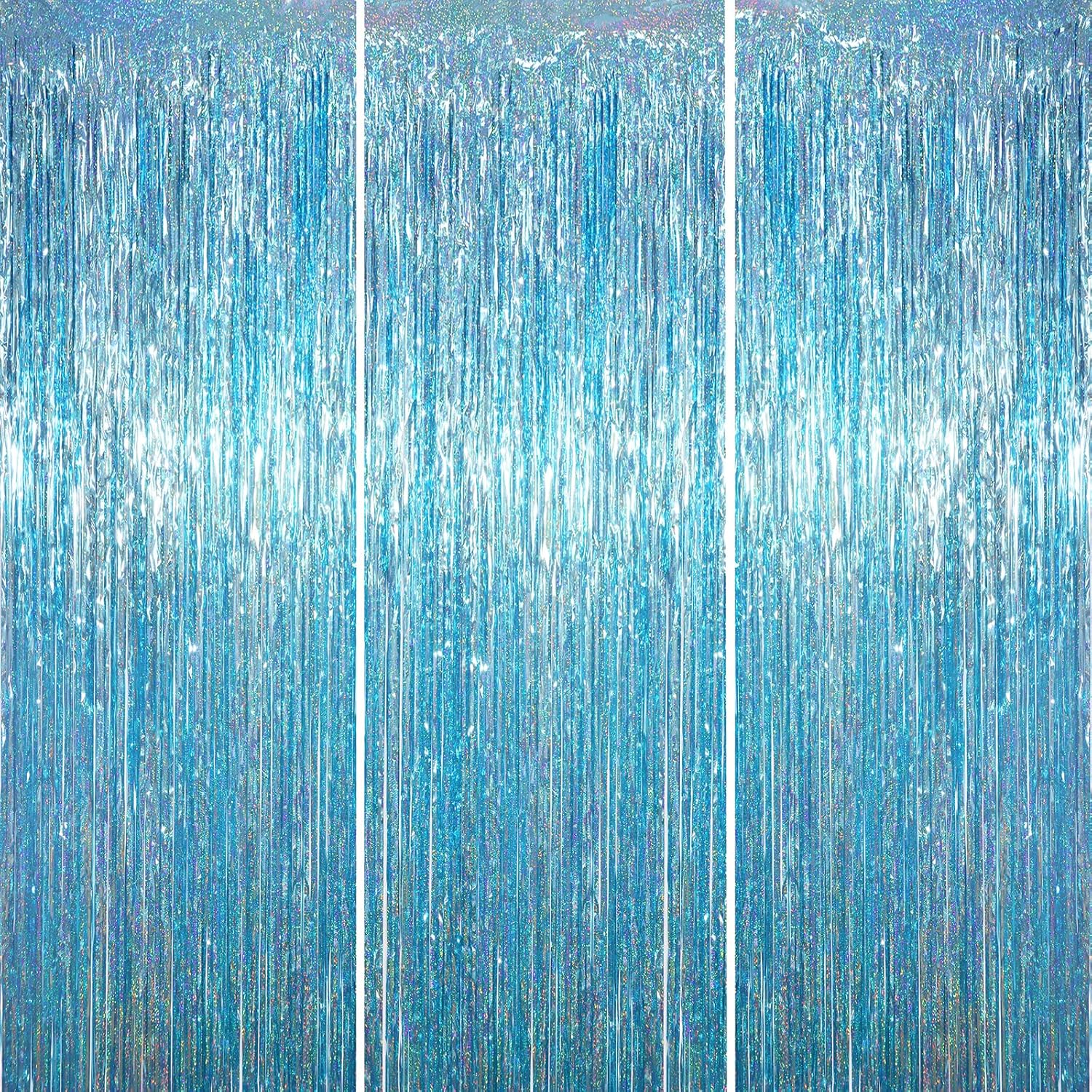 Voircoloria Foil Fringe Backdrop Curtains - 3.3 x 6.6 Ft Tinsel Streamers for Parties | Light Blue