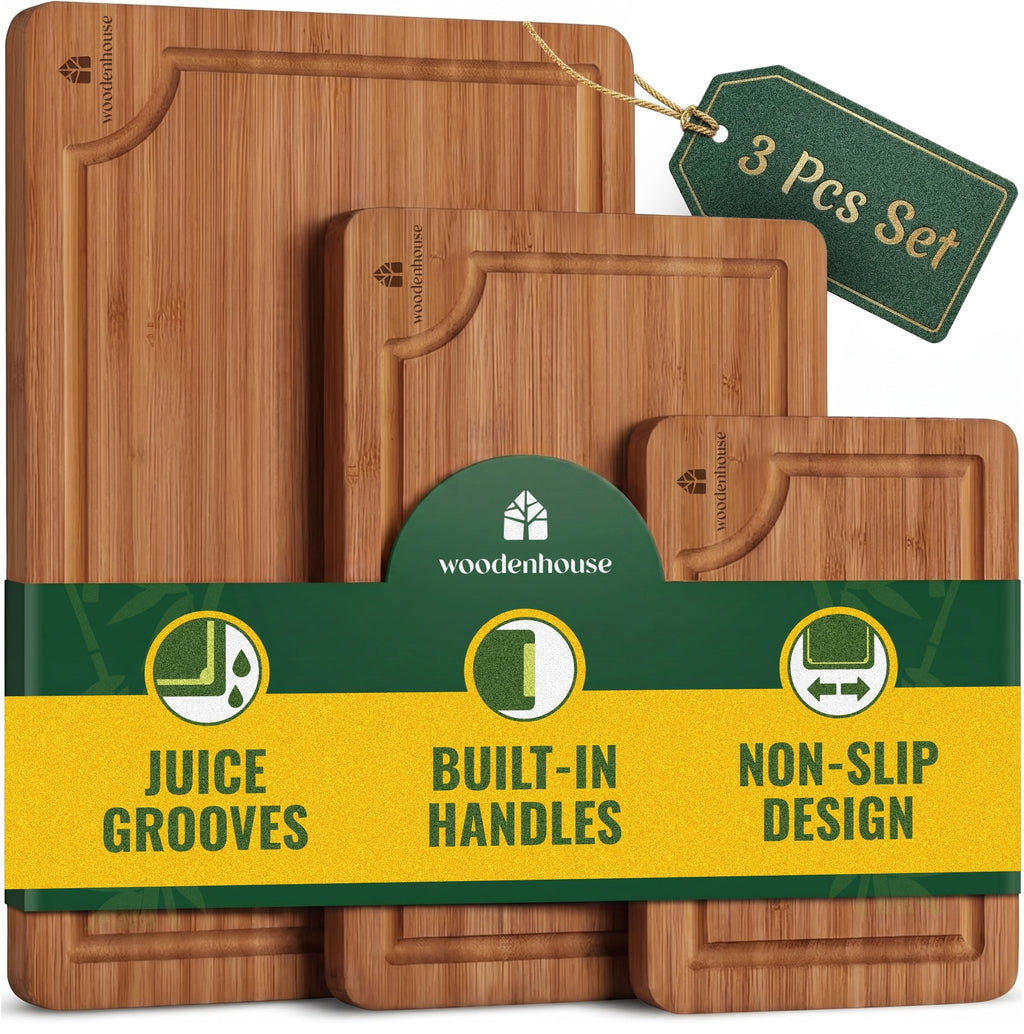 Wooden Cutting Board Set of 3 - Thick & Durable Bamboo Wood Cutting Boards for Kitchen - with Deep Juice Grooves & Built-In Handles - Large Surface, Easy to Clean - for Meat, Vegetables and Fruits