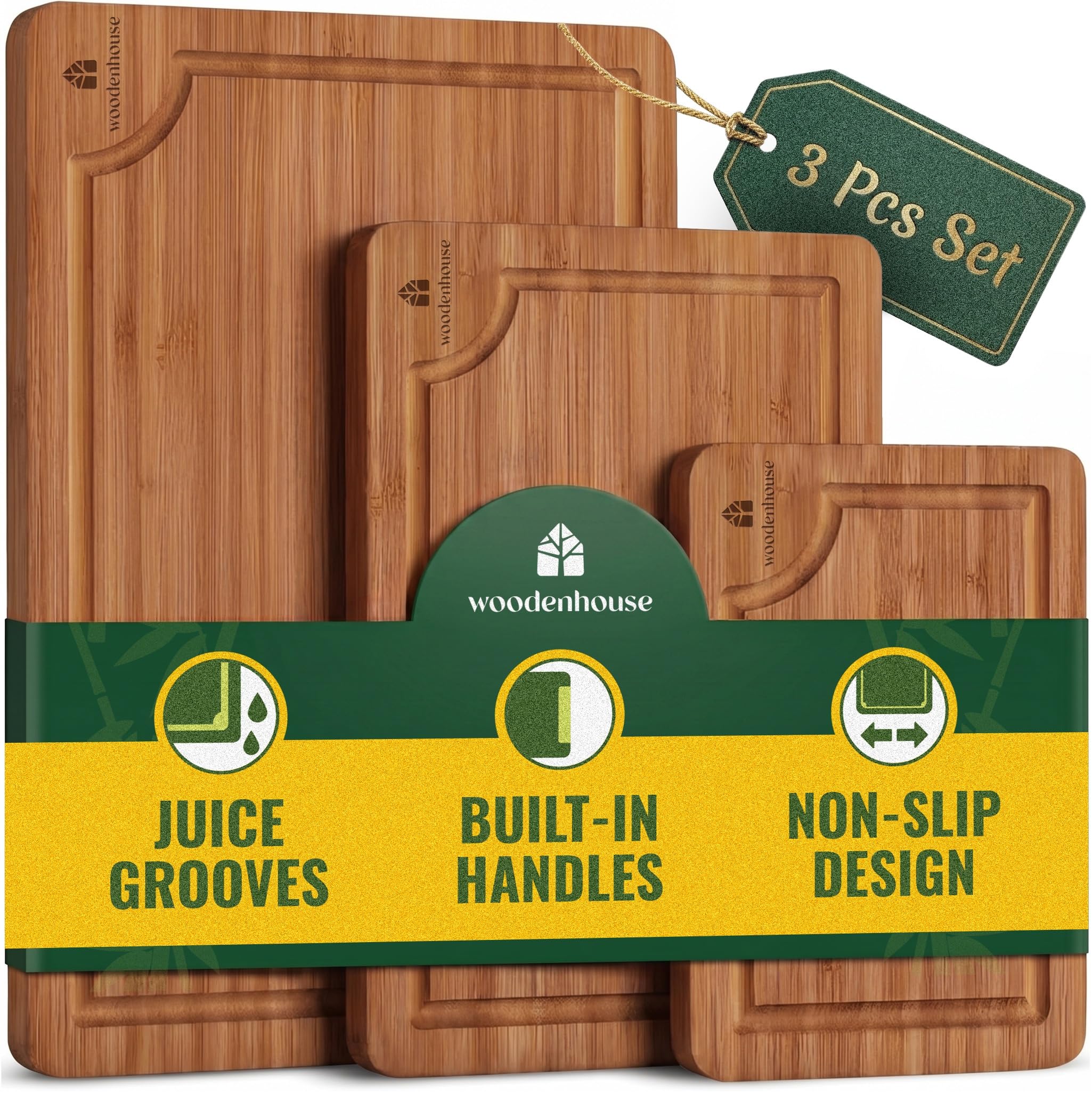 Wooden Cutting Board Set of 3 - Thick & Durable Bamboo Wood Cutting Boards for Kitchen - with Deep Juice Grooves & Built-In Handles - Large Surface, Easy to Clean - for Meat, Vegetables and Fruits