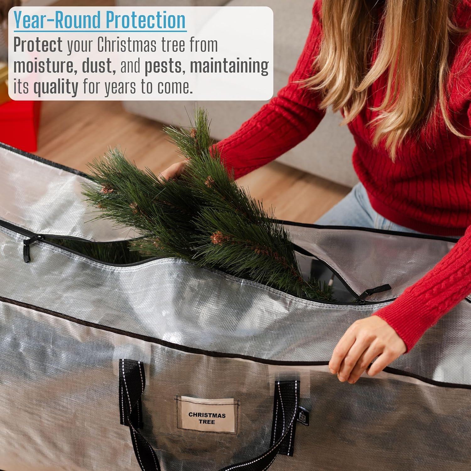 VENO Clear Christmas Tree Storage Bag - Heavy-Duty Zippered Bag for 7.5 Ft Trees | Durable Handles & Label Slot