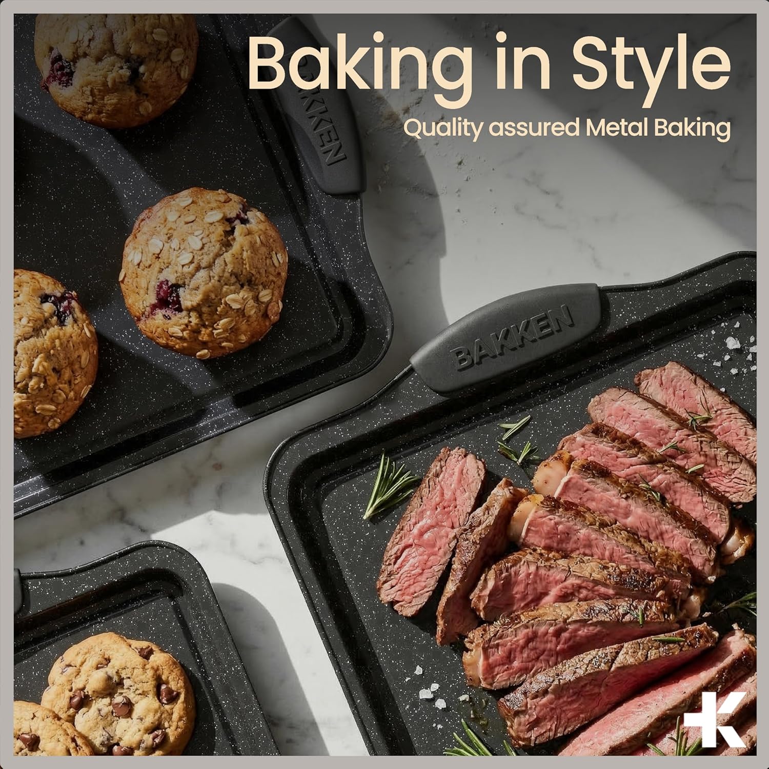 BAKKEN 8-Piece Nonstick Baking Pans Set | Professional Grade Carbon Steel with Gray Marble Coating - Oven & Dishwasher Safe