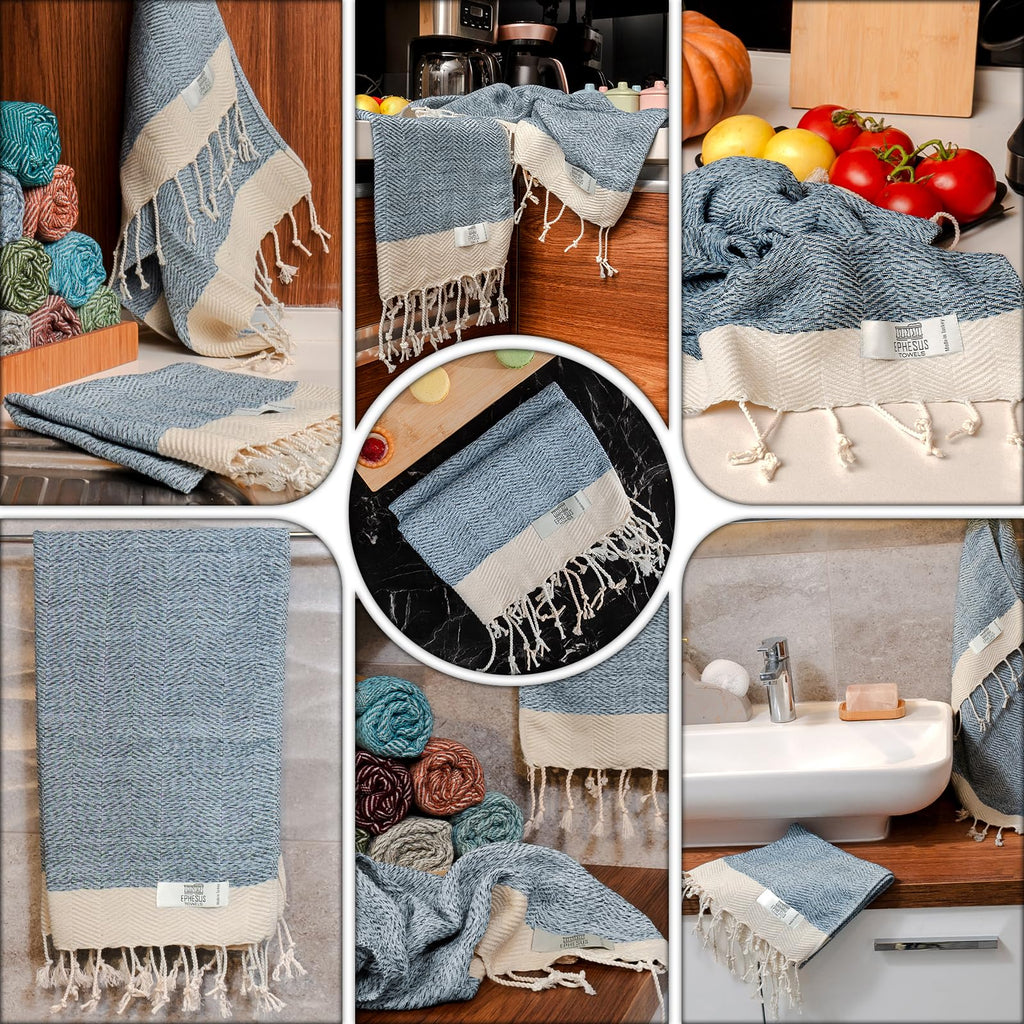 EPHESUS TOWELS Turkish Hand Towels - Set of 2 | 18" x 30" Decorative Boho Guest Bath Towel for Bathroom, Kitchen, Face, Hair, Tea, Dishcloth (Sultan, Baby Blue)