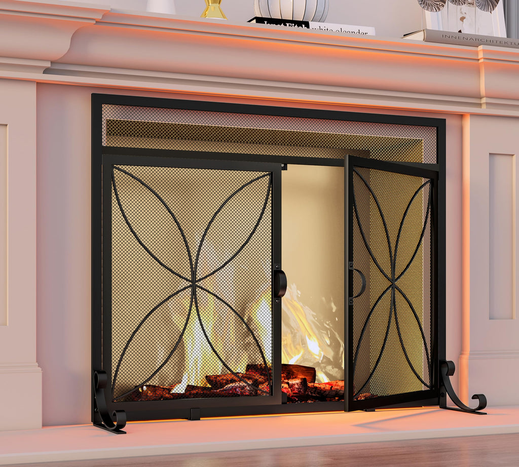 Fire Beauty Fireplace Screen with Magnetic Doors,Large Metal Fire Place Screen for Home,Spark Guard,Metal Furnace Fireguards,Baby Safe Spark Guard Protector,Black