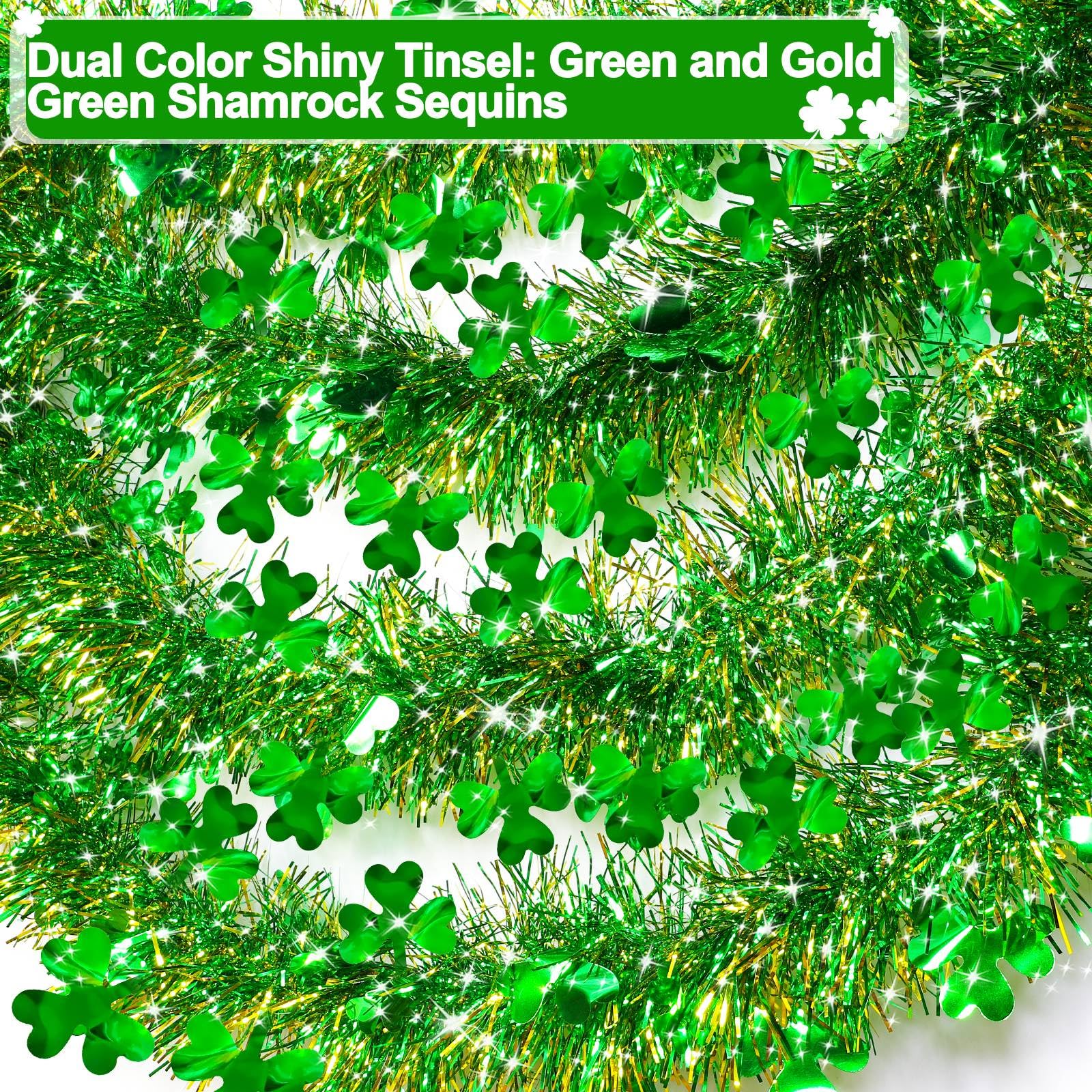 TURNMEON 33 Ft St. Patrick's Day Tinsel Garland Decorations Green Gold Shamrock Garland Clover Metallic Streamer Hanging St Patricks Day Decorations for Home Indoor Outdoor Irish Party Supplies
