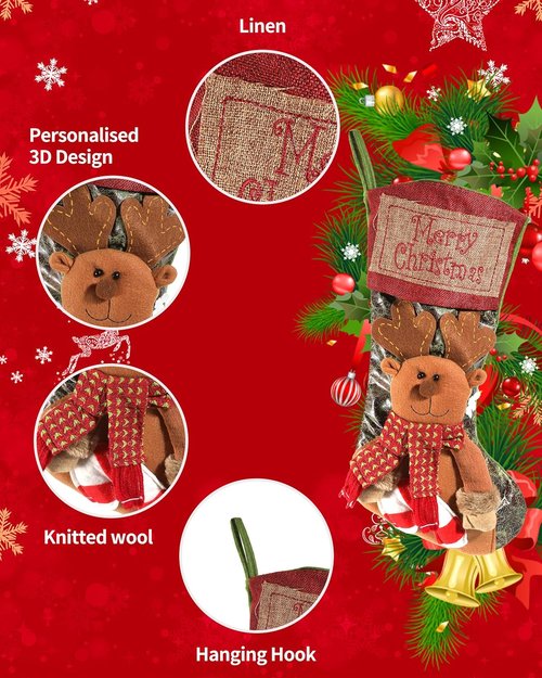 iStatue Large Christmas Stockings - 18'' Tall 3D Plush Fabric with Deer Ornaments | Personalized Xmas Gift Bag for Kids & Adults