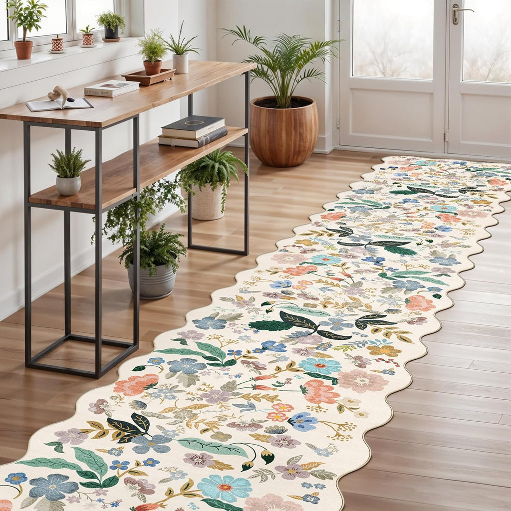Skiennix Washable 3x12 Hallway Runner Rug - Soft Floral Non-Slip Carpet for Entryway, Kitchen & Nursery | Water-Resistant, Lightweight, Cream