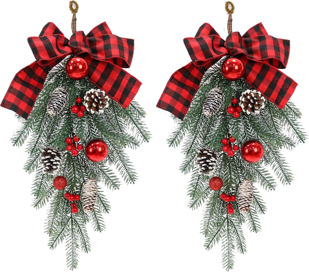 Regine Switzerland Christmas Swag - Decorative Outdoor Garland with Pine Cones & Red Bow | Teardrop Design