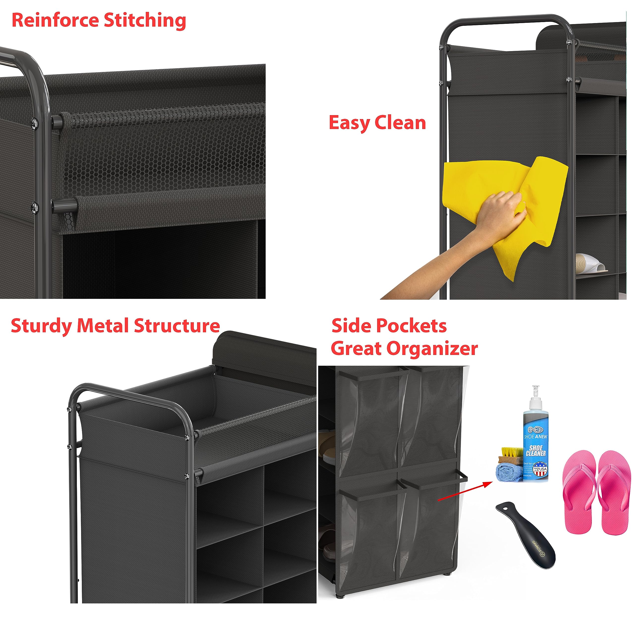 Simple Houseware 16 Cube Shoe Stand Tower Rack 8 Tier with Top Shelf and Side Hanging Pockets, Dark Gray