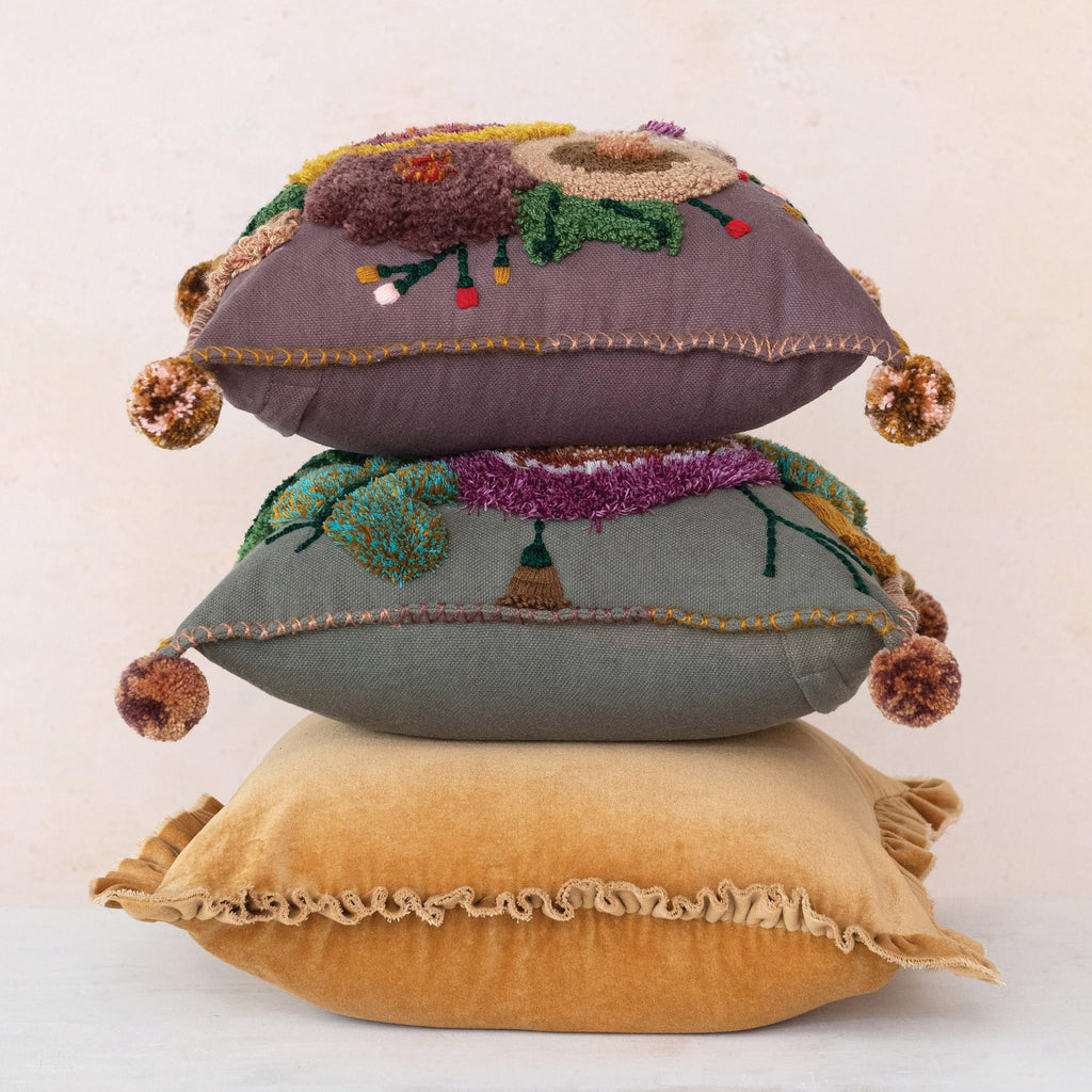 Creative Co-Op Velvet Ruffled Square Pillow, Mustard