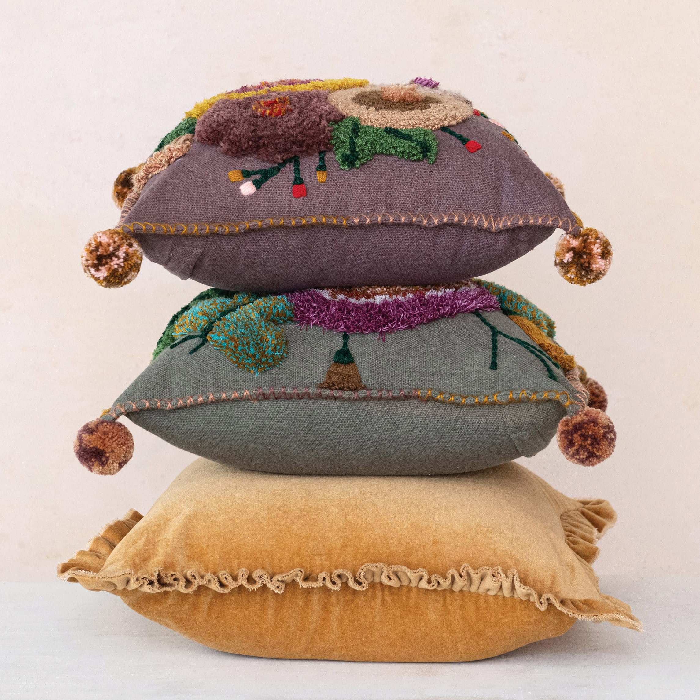 Creative Co-Op Velvet Ruffled Square Pillow, Mustard