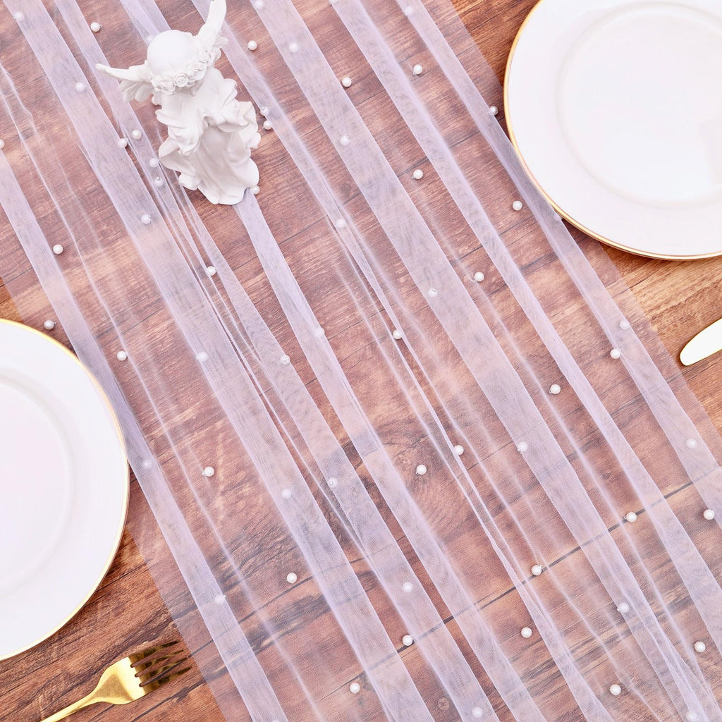 TuTive Gauze White Pearl Table Runner 10FT Sheer Spring Summer Pearl 120 Inch Valentine’s Day Tulle Table Runner for Dining Anniversary Wedding Table Decor for Home Party Decorations