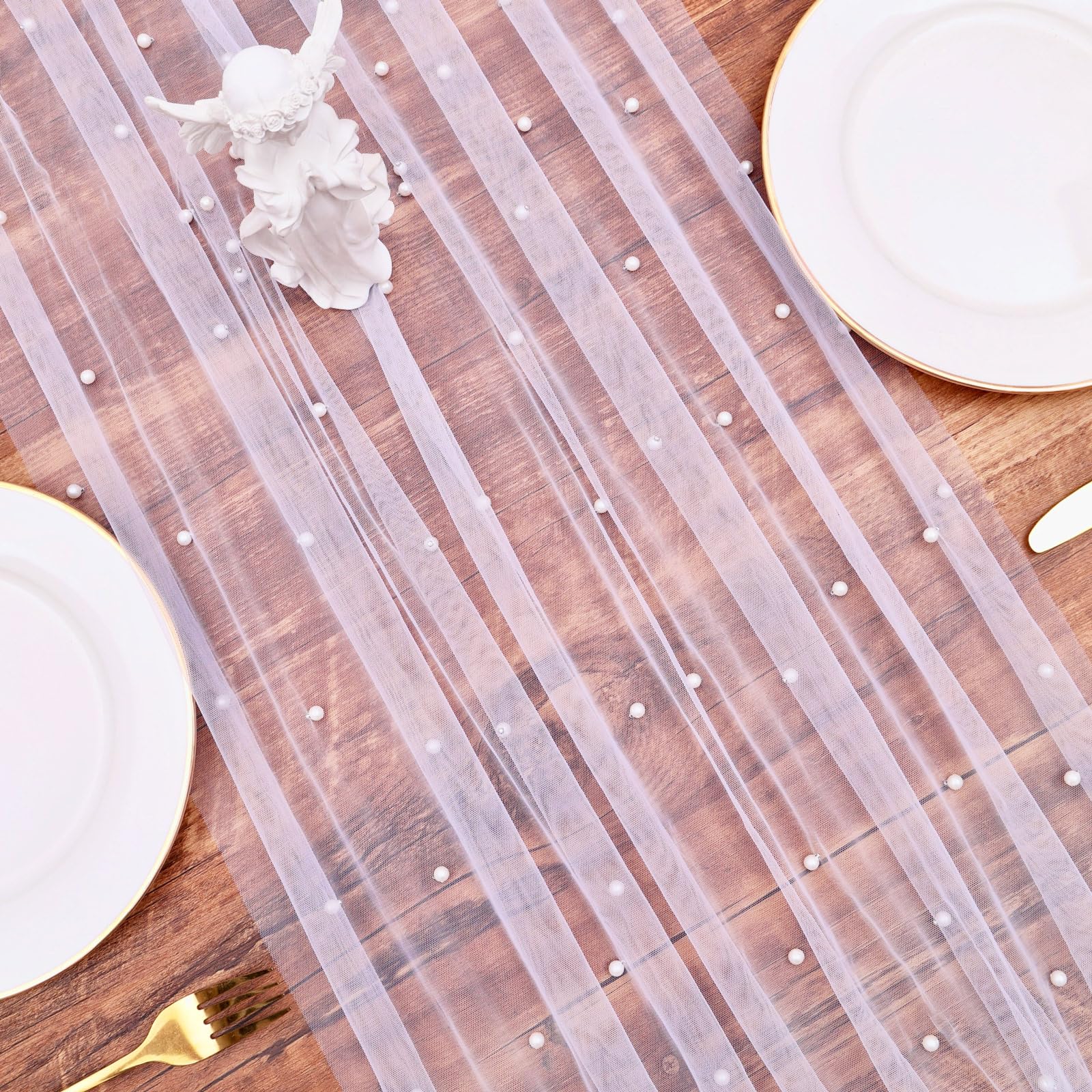 TuTive Gauze White Pearl Table Runner 10FT Sheer Spring Summer Pearl 120 Inch Valentine’s Day Tulle Table Runner for Dining Anniversary Wedding Table Decor for Home Party Decorations