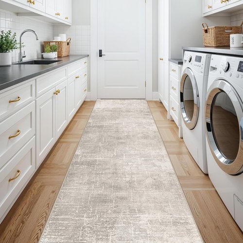 HY HAOYUNLAI Runner Rugs 2'6"x12" - Soft Non-Slip Kitchen Rug with Rubber Backing | Washable Beige/Cream Abstract Design