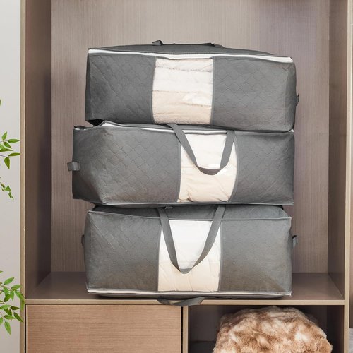 105L Extra Large Storage Bags - Organize Blankets, Bedding & Clothes | 4 Handles & Clear Window (Grey, 3-Pack)