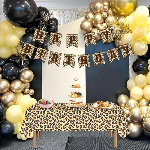 Leopard Party Decorations Cheetah Happy Birthday Banner Cheetah Theme Balloons Leopard Print Tablecloth for Safari Wild Birthday Party Supplies (Gold Leopard Print)