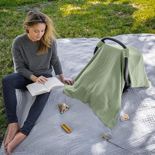 Comfy Cubs Baby Car Seat Cover - Soft Bamboo Rayon & Muslin Blend - Lightweight Sage Canopy for Sun & Bug Protection