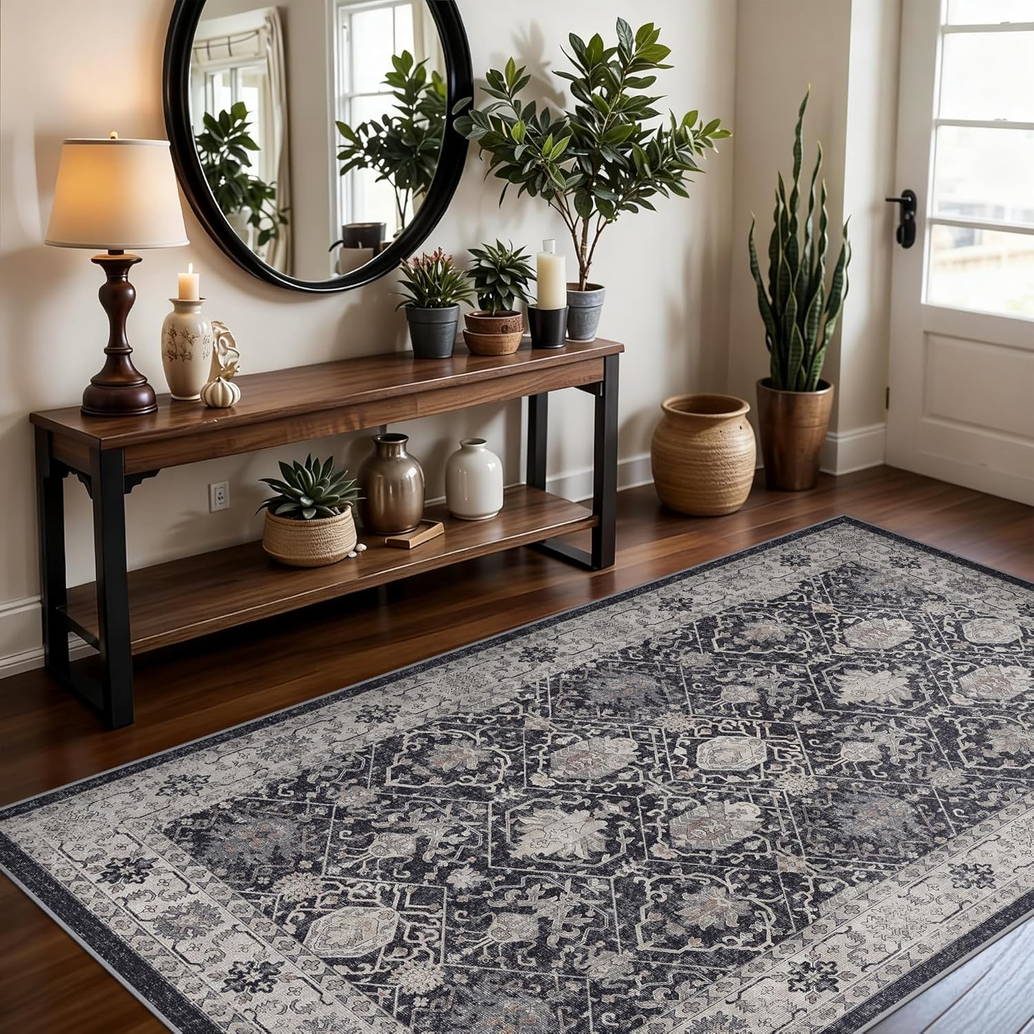 Skiennix 4x6 Living Room Area Rug - Washable Non-Slip Boho Design | Low Pile Neutral Carpet for Kids Room, Office, Kitchen