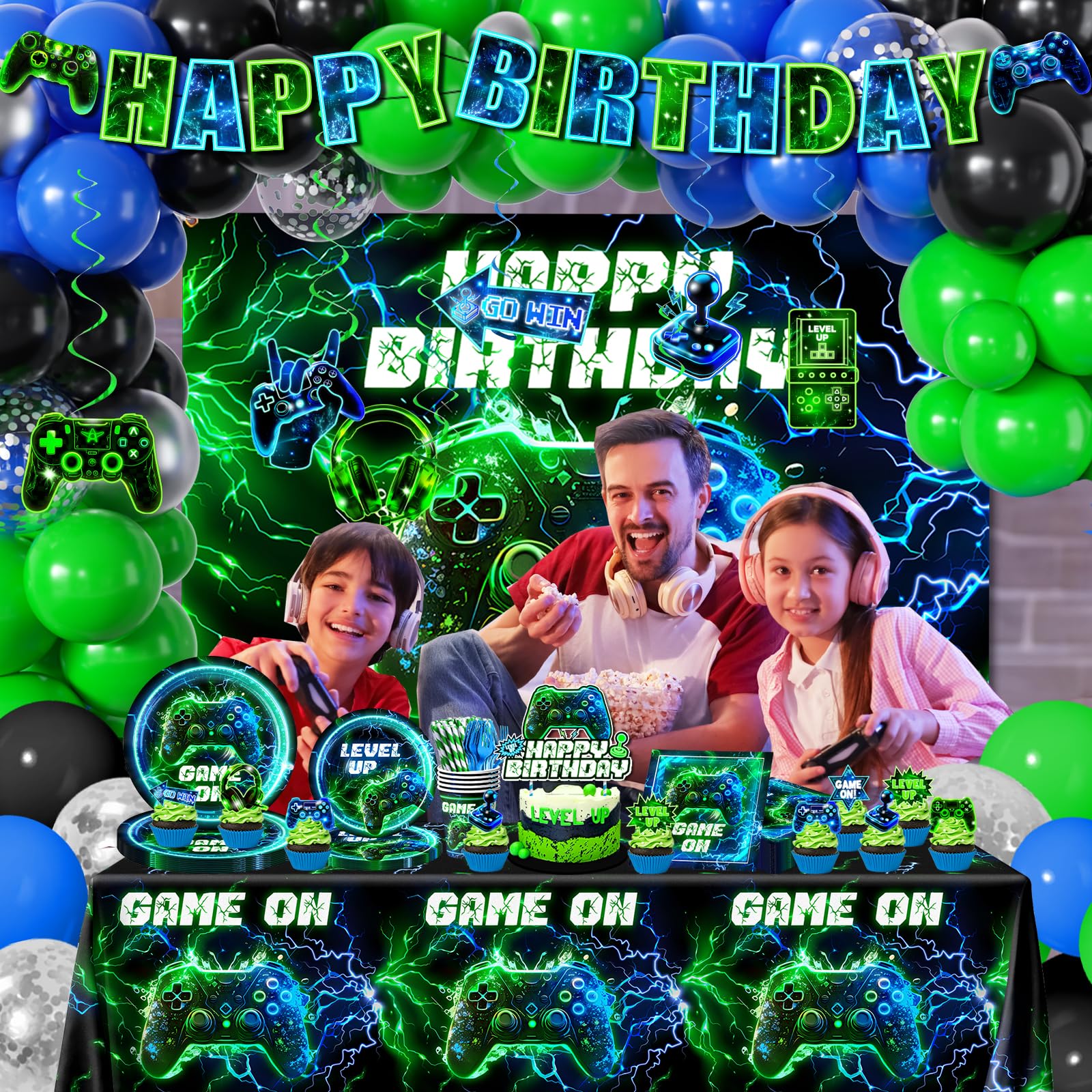 Video Game Birthday Decorations,260pcs Gaming Party Decorations Gamer Birthday Party Decorations Plates and Napkins Cups Tablecloth, Game Party Decorations for Boys Cake Topper Hanging Swirls