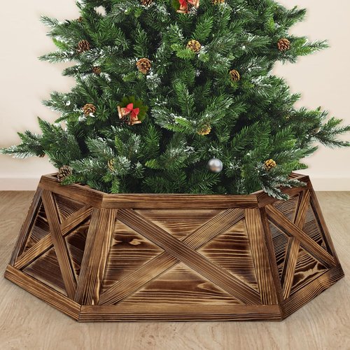 Yoochee Wooden Christmas Tree Collar, 36'' Extra Large Hexagon Brown Christmas Tree Base Cover Decor for Artificial Tree,Rustic Farmhouse Tree Skirt Alternative for 7.5ft 9ft Trees