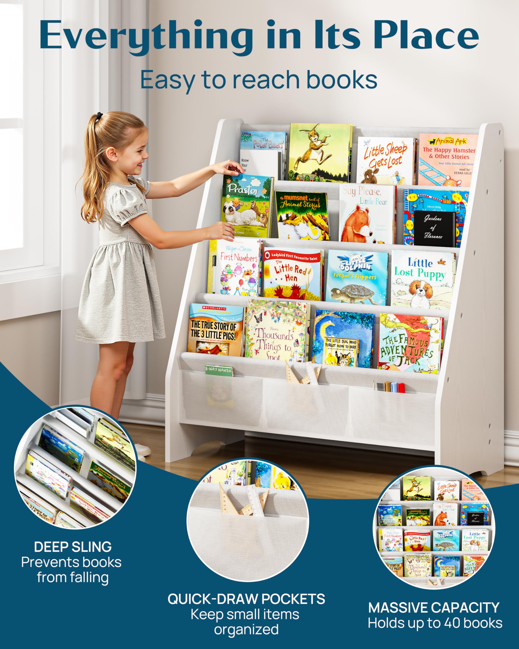 SEIRIONE Sturdy Kids Bookshelf,4-Tier Book Shelf for Kids Room with Tear-Proof Oxford Fabric-Nursery Room Playroom Classroom,Deep Slings to Keep Books Upright,Ideal Height for Toddler Age 3+, White