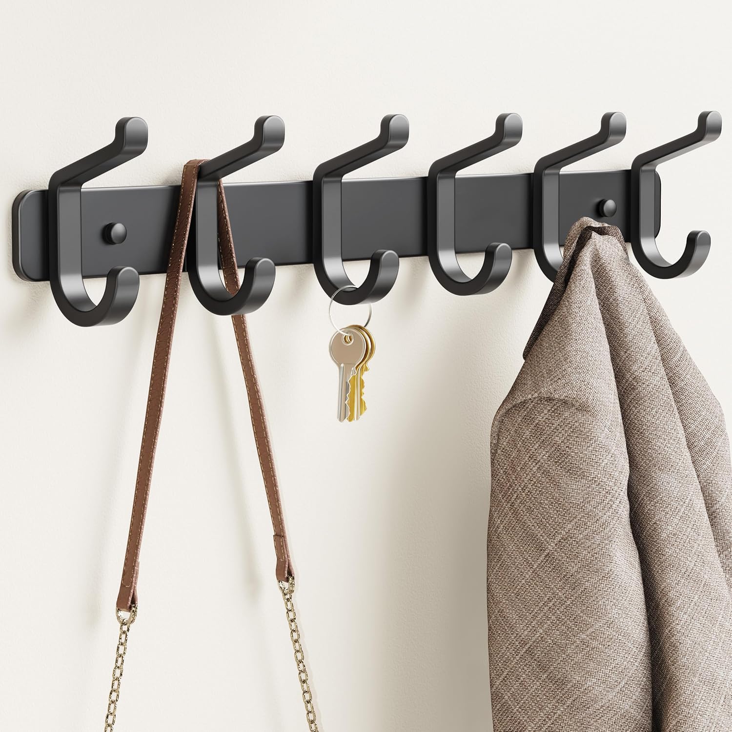 Pickpiff Coat Rack - Heavy-Duty Wall-Mounted Metal Hanger with 6 Hooks for Hats, Clothes & More | Black, 1 Pack