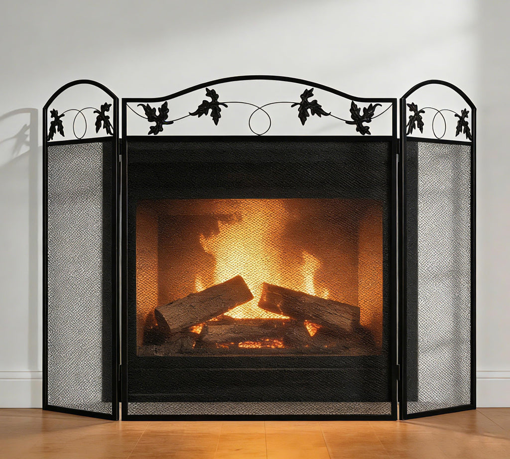 Calidola 3-Panel Foldable Black Steel Fireplace Screen Spark Guard Fence,Leaf Design Screen Metal Decorative Mesh Cover