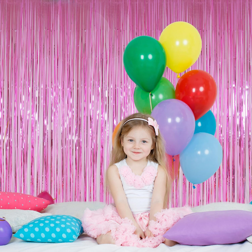 Melsan Pink Foil Fringe Curtains - 3.2 x 8 Ft Metallic Tinsel Backdrop for Baby Showers & Birthday Parties | Pack of 2
