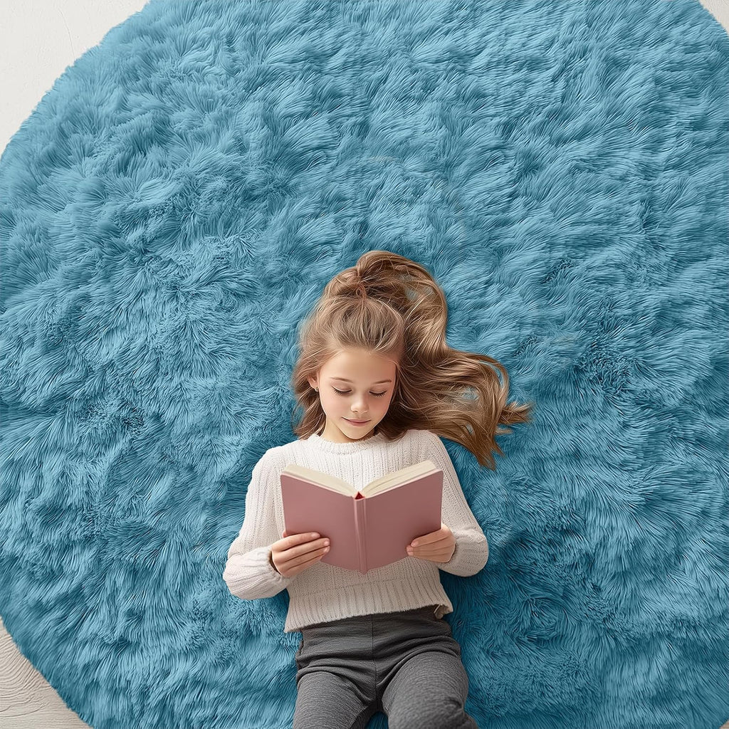 OLANLY Round Slate Blue Area Rug - Soft, Fluffy, Machine Washable 6 ft Circle Carpet for Bedroom & Living Room