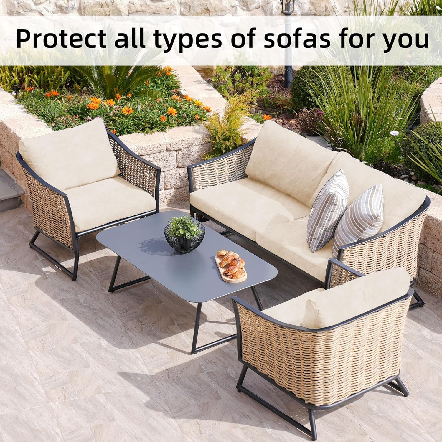 BIETYONE 8Pcs Stretch Velvet Patio Cushion Covers - Fluffy Washable Slipcovers for Fall Outdoor Decor | Beige