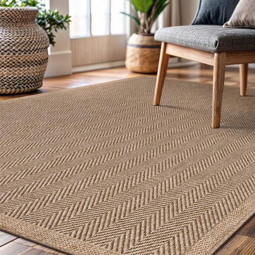 CAMILSON Easy Jute Rug 5x7, Indoor Outdoor Natural Color Fiber Area Rugs for Living Room Patio and Kitchen Rug Herringbone Seagrass Woven Design Easy-Cleaning Washable Outside Carpet Alfombras 5 x 7