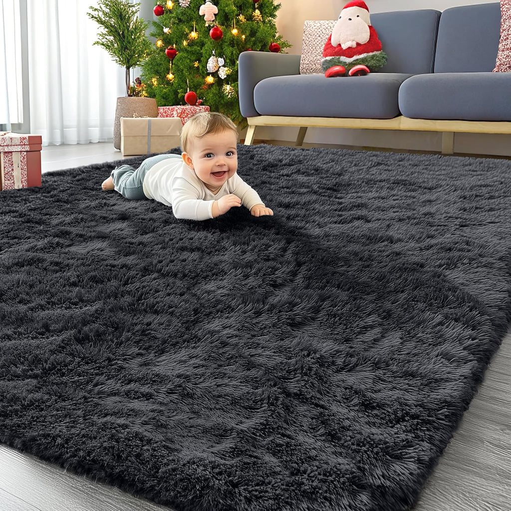 OLANLY Large Area Rug - Soft Fluffy Shaggy Indoor Carpet for Living Room & Bedroom | 7x10 ft, Black