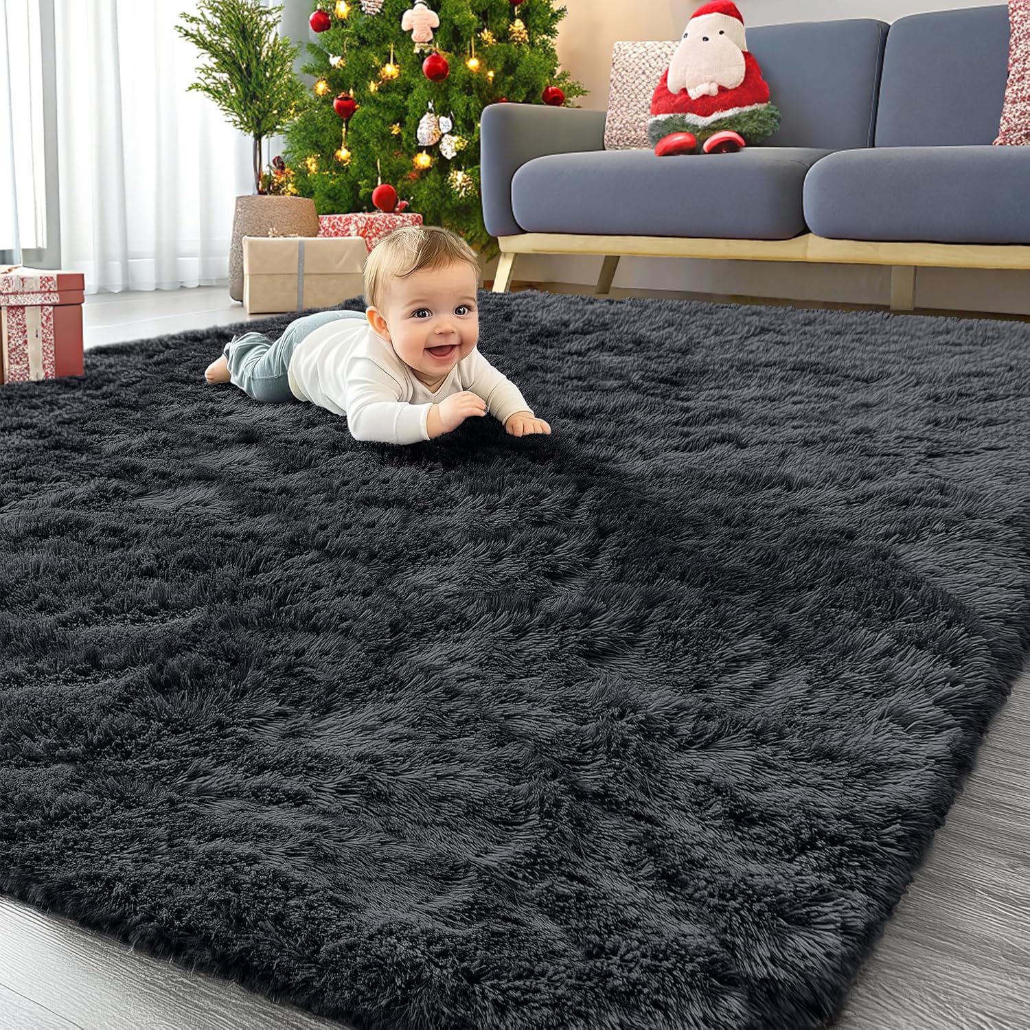 OLANLY Large Area Rug - Soft Fluffy Shaggy Indoor Carpet for Living Room & Bedroom | 6x11 ft, Black