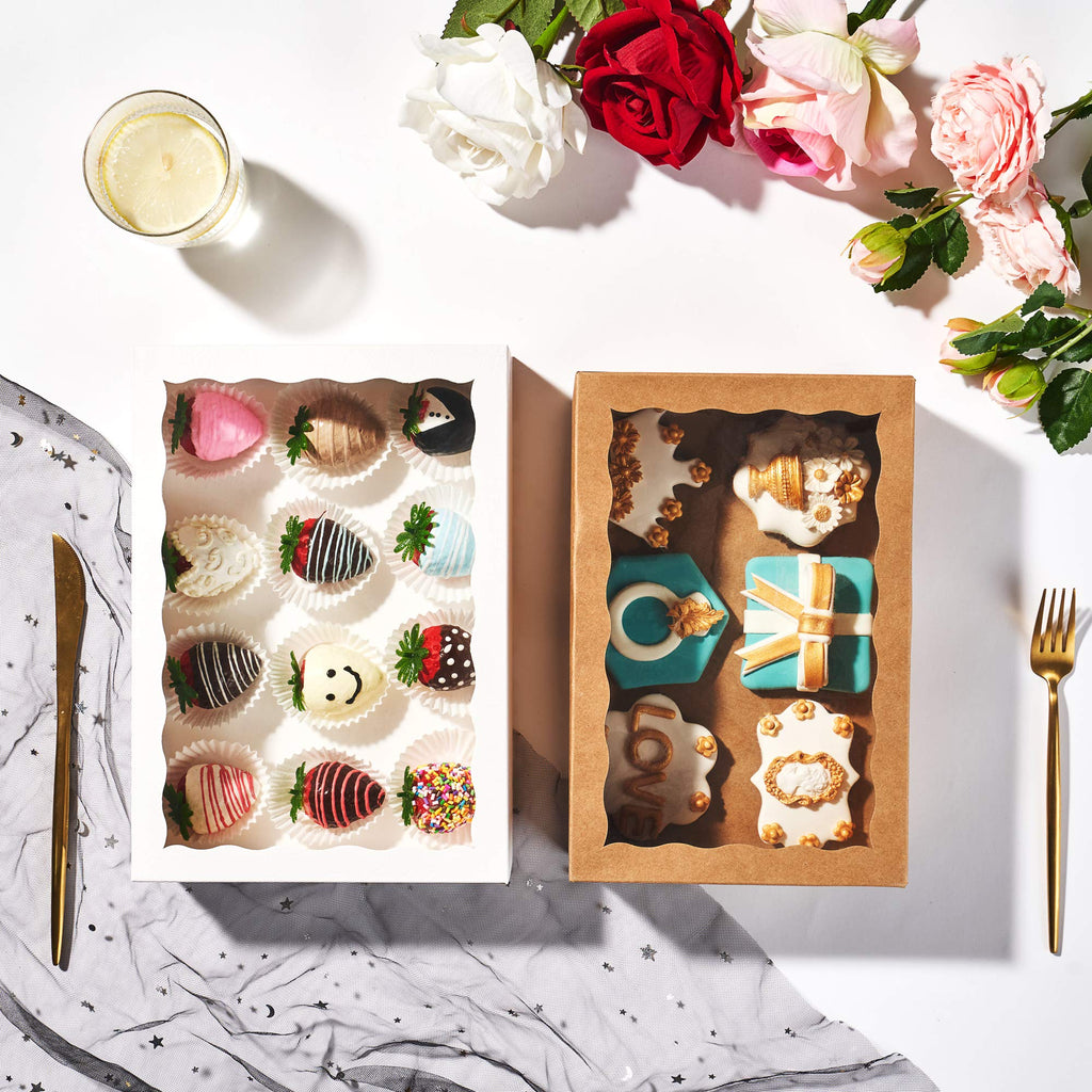 SLShePack 24PCS 10x7x2.5 inches Cookies Bakery Boxes with Window - Cakesicle, Chocolate Bomb, Macaron, Chocolate Covered Strawberries, Pretzel Rods Boxes