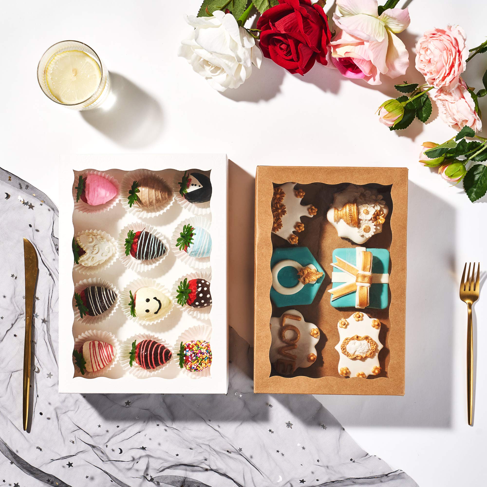 SLShePack 24PCS 10x7x2.5 inches Cookies Bakery Boxes with Window - Cakesicle, Chocolate Bomb, Macaron, Chocolate Covered Strawberries, Pretzel Rods Boxes