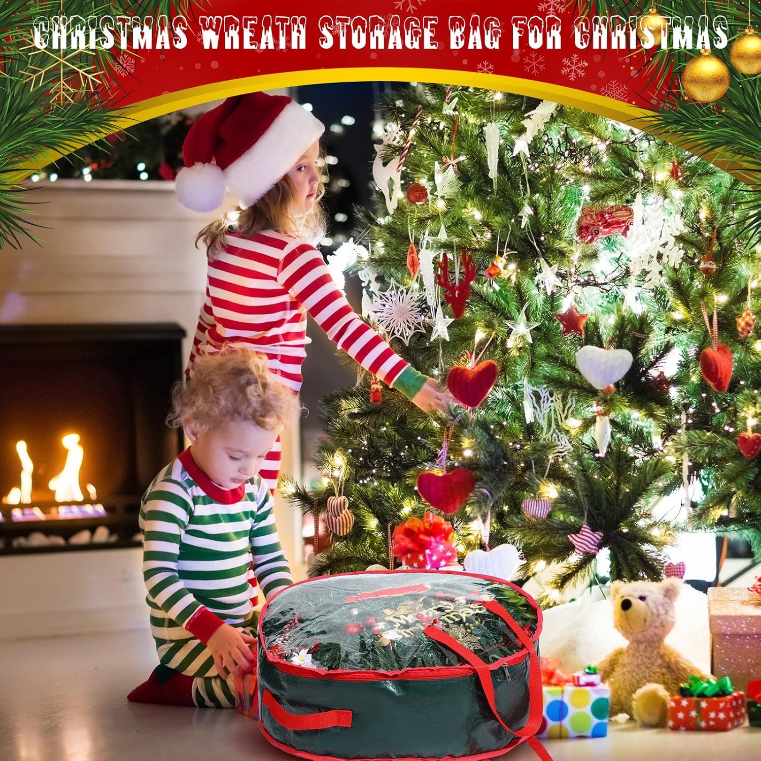 Shappy Christmas Wreath Storage Bag - Clear Window Plaid Container with Handles | 30 x 7 Inch, Green
