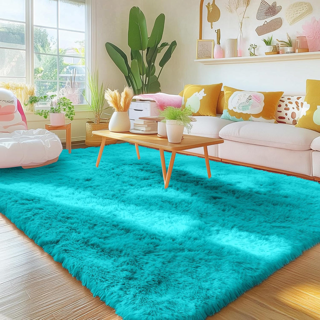 OLANLY Area Rugs - Soft Fluffy Shaggy Carpet for Living Room & Bedroom | Machine Washable 4x5.9 ft, Teal Blue