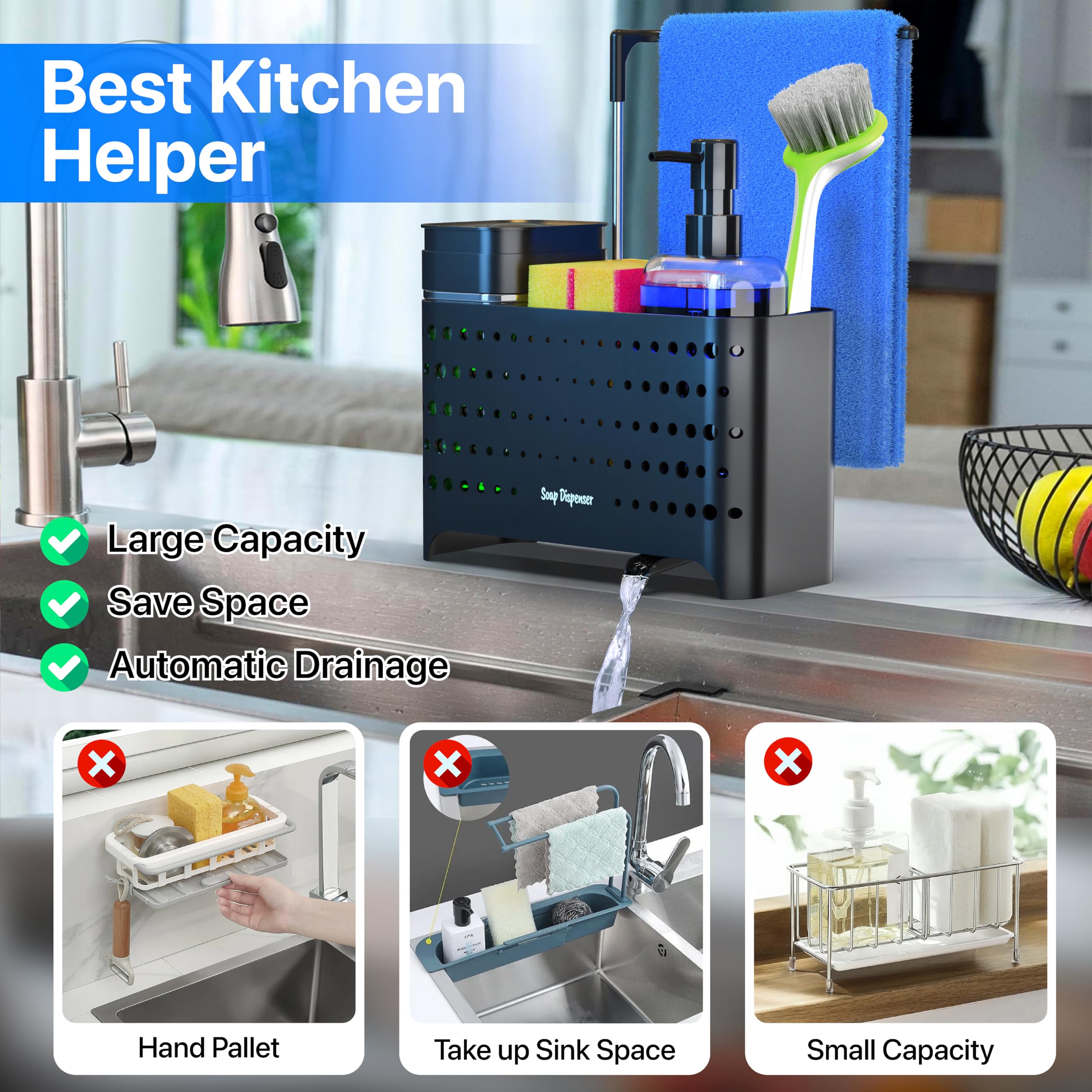 YAN & HIN Dish Soap Dispenser Set with Sponge Holder for Kitchen Sink, 5-in-1 Sink Caddy Organizer with Drain Tray, Brush Holder & Towel Rack, Space Saving Kitchen Counter Organizer