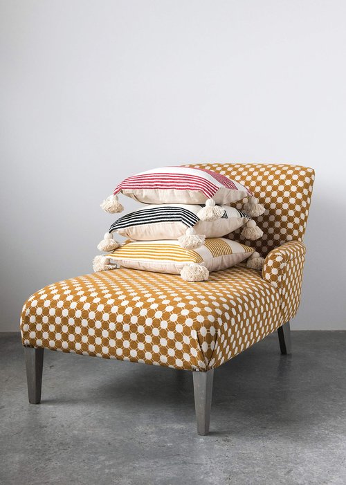 Cream Cotton & Chenille Pillow with Mustard Stripes & Tassels