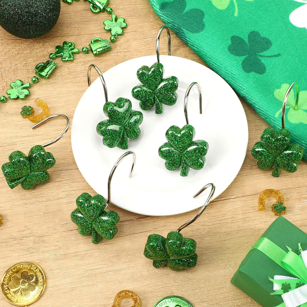 BOARDFEB Sparkling Shamrock Shower Curtain Hooks, 12Pcs St. Patrick's Day Decor with Glitter Clover Design for Festive Bathroom Party Accents