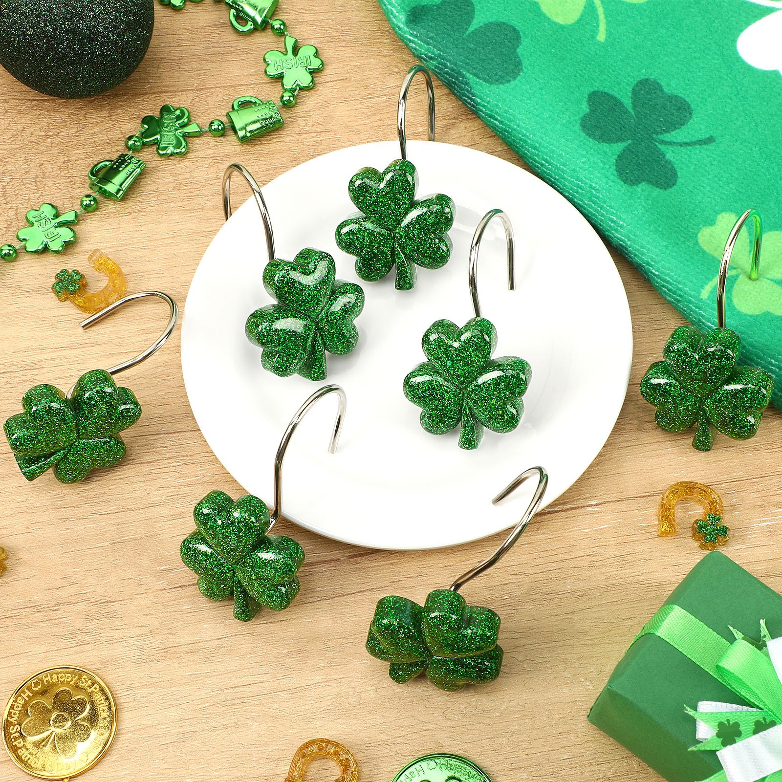 BOARDFEB Sparkling Shamrock Shower Curtain Hooks, 12Pcs St. Patrick's Day Decor with Glitter Clover Design for Festive Bathroom Party Accents