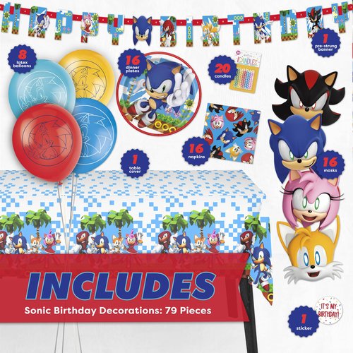Sonic Birthday Party Decorations | Serves 16 Guests | Balloons, Masks, Banner, Tablecloth, Plates, Napkins, Candles, Sticker | Officially Licensed