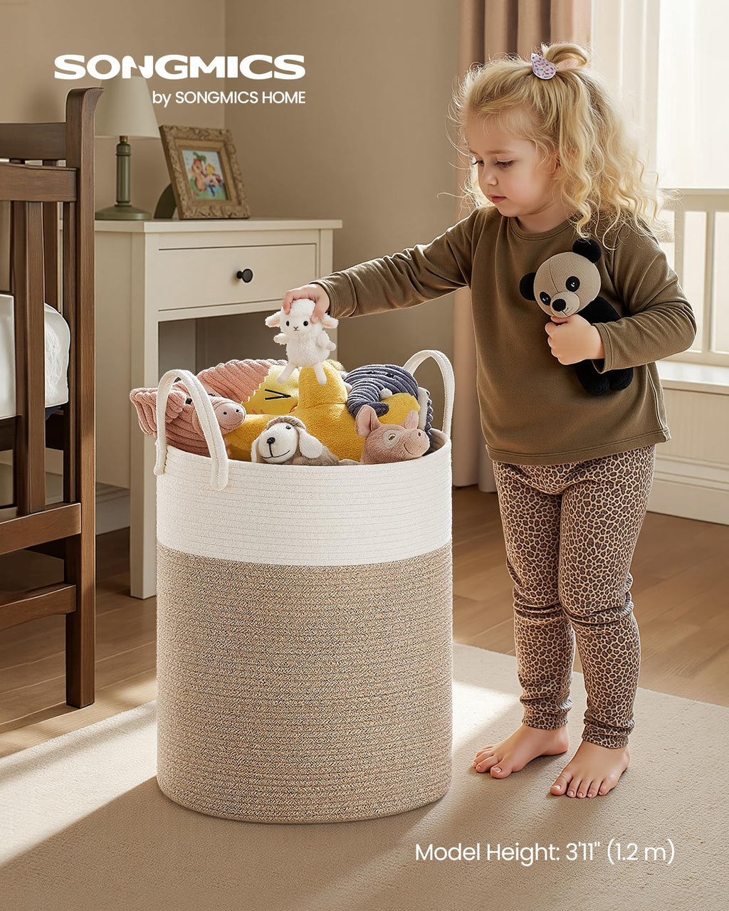 SONGMICS Laundry Hamper, Cotton Rope Laundry Basket with Handles, for Children, Toys, Clothing, Living Room, Bedroom, 15.8 Gallons, 13.8 x 13.8 x 19.7 Inches, White and Grayish Brown URLH061LZ01