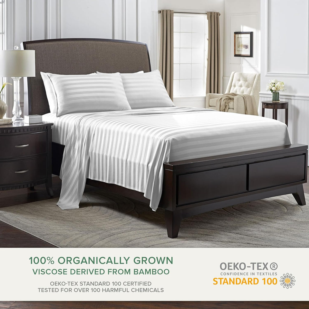 Pure Bamboo King Sheets - Luxuriously Soft 100% Organic Viscose Bed Sheet Set | Jacquard White, Double Stitching, 2-Year Quality Promise