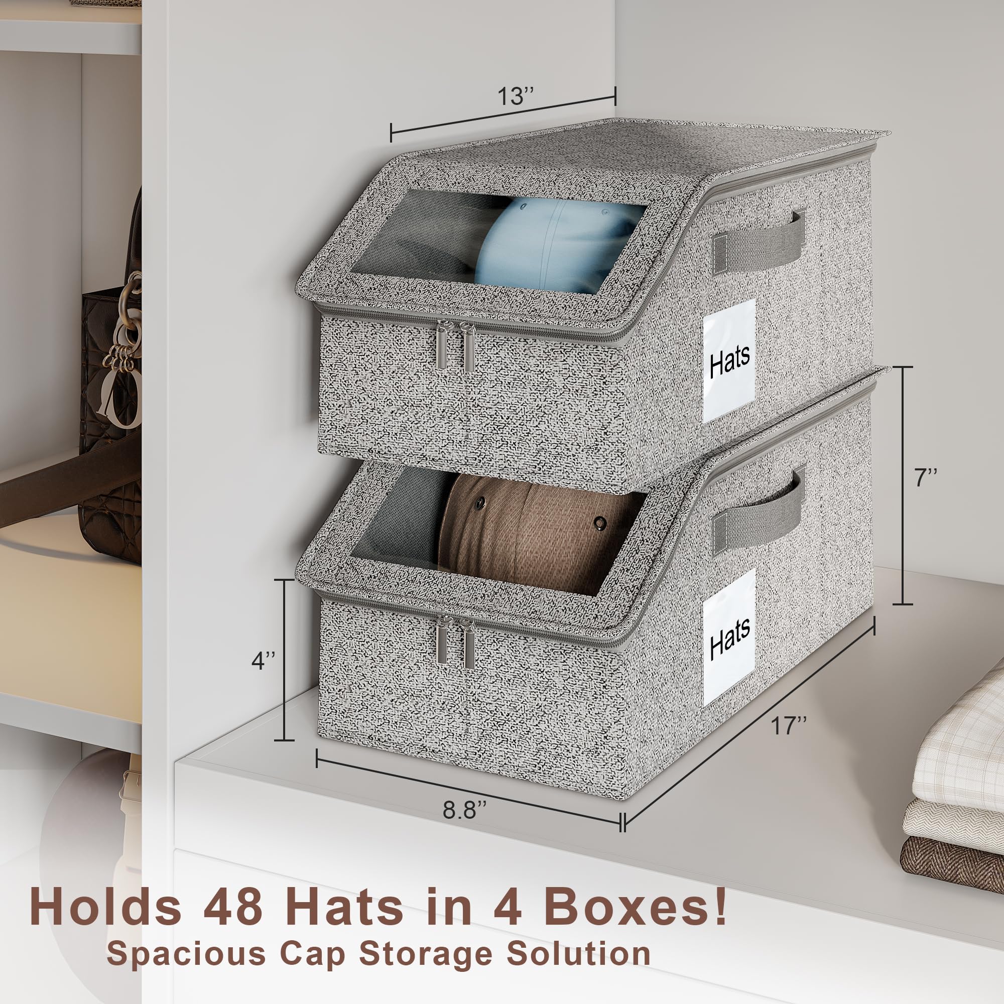 WYZJC 4 PCS Hat Organizer for Baseball Caps, Multi Functional Storage Box (Accommodates 48 Hats) with Visible Window and Zipper - Gray