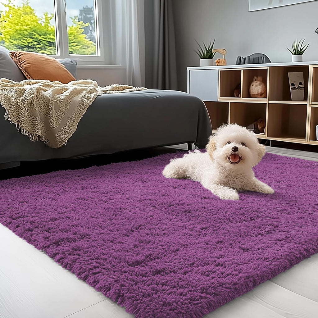 OLANLY 3x5 Soft Fluffy Shaggy Bedside Rug - Machine Washable Indoor Carpet for Kids & Nursery | Dark Purple