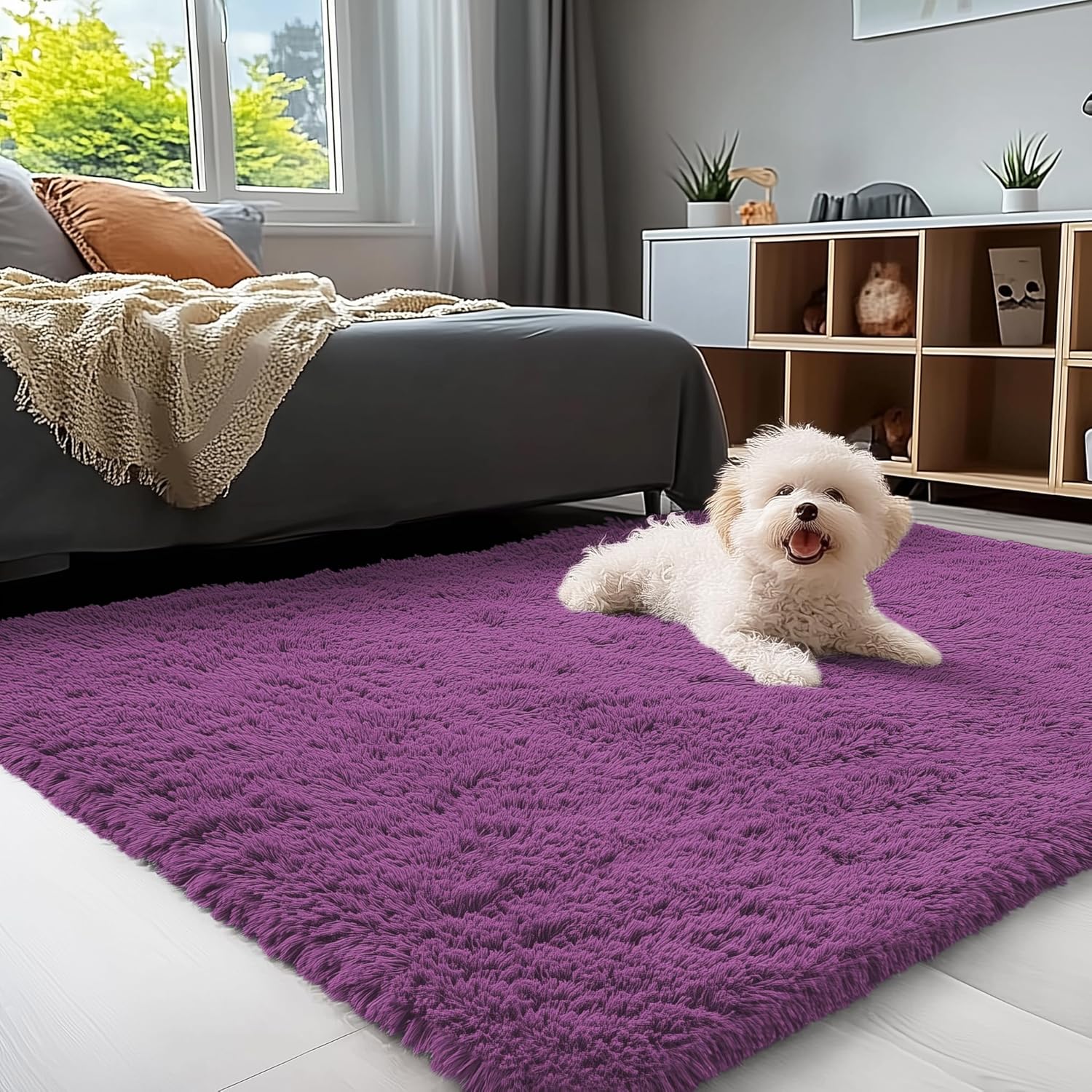 OLANLY 3x5 Soft Fluffy Shaggy Bedside Rug - Machine Washable Indoor Carpet for Kids & Nursery | Dark Purple