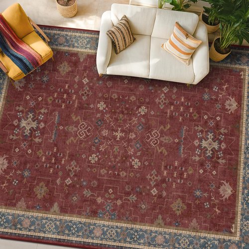 Hazo Haus Oriental Area Rug - Large 7x10 Burgundy Boho Design for Bedroom & Living Room | Washable Non-Slip