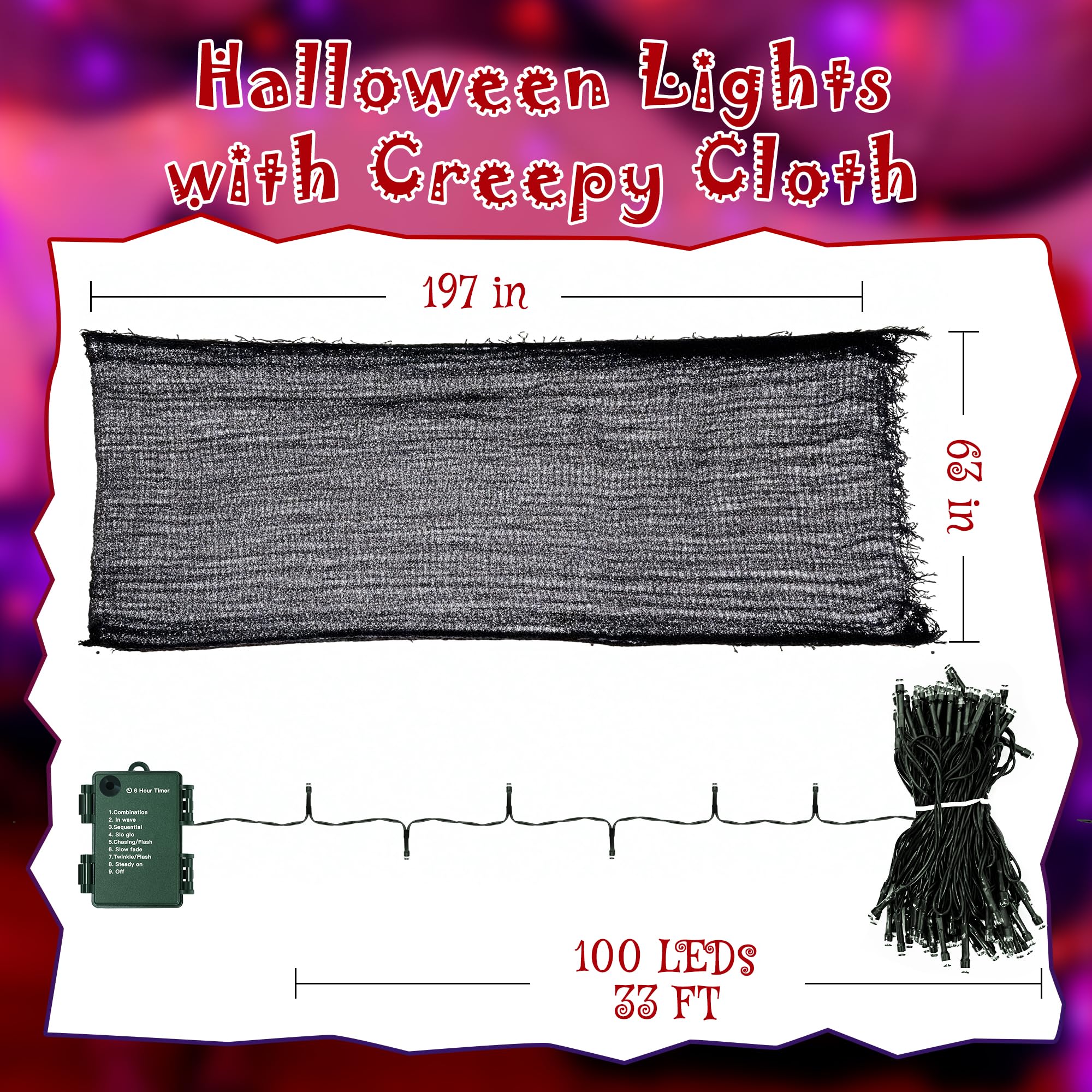 Ollny Halloween Lights 100LED 33FT, Orange and Purple String Lights with Creepy Cloth(197 x 63 in), Battery Operated Fairy Lights with 8 Lighting Modes Timer for Outdoor Party Yard Decor