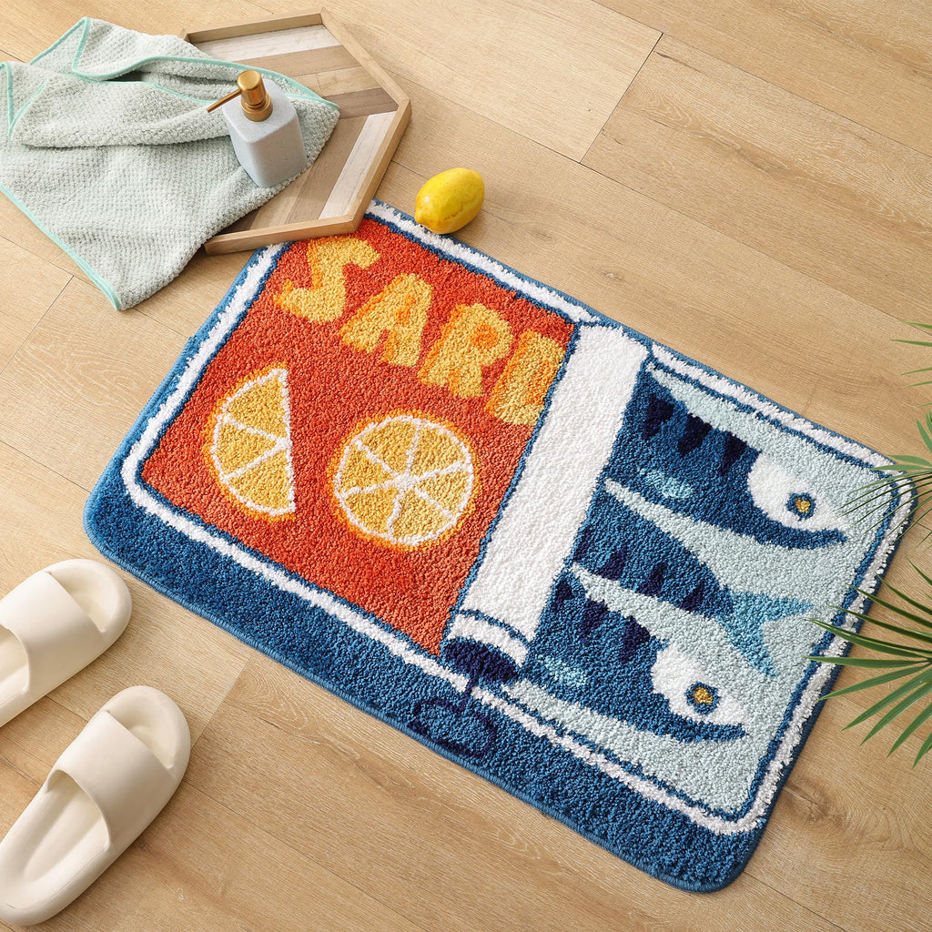 TRUEDAYS Sardine Can Bath Mat, Blue Bathroom Rugs for Bedroom, Soft Washable Rug Non Slip Cute Kitchen Bath Mats for Bathroom Funny Cartoon Fish and Lemon